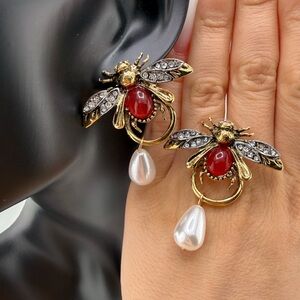 Zara Gold and Red queen Bee Earrings with Pearl Drop
